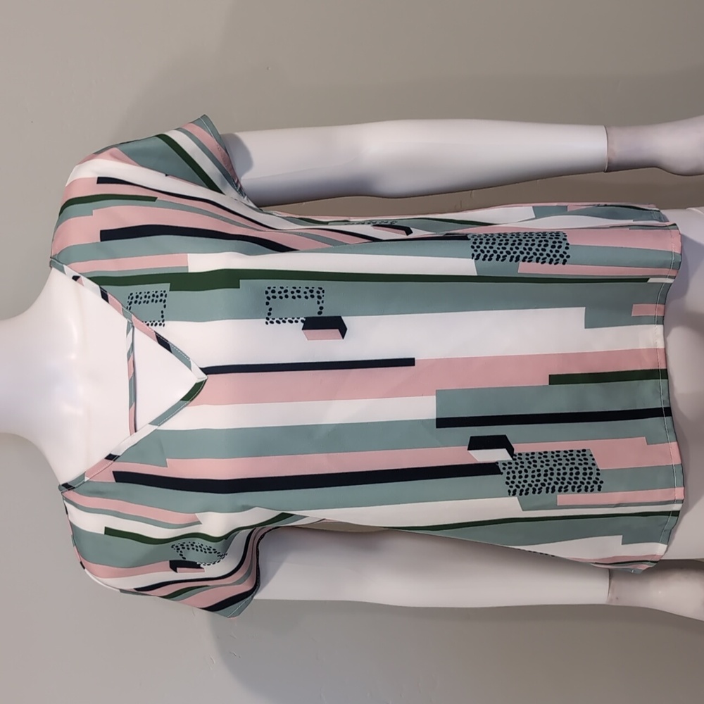 SHEIN Pastel Striped Short Sleeve Cutout Neckline Geometric Blouse Size Small